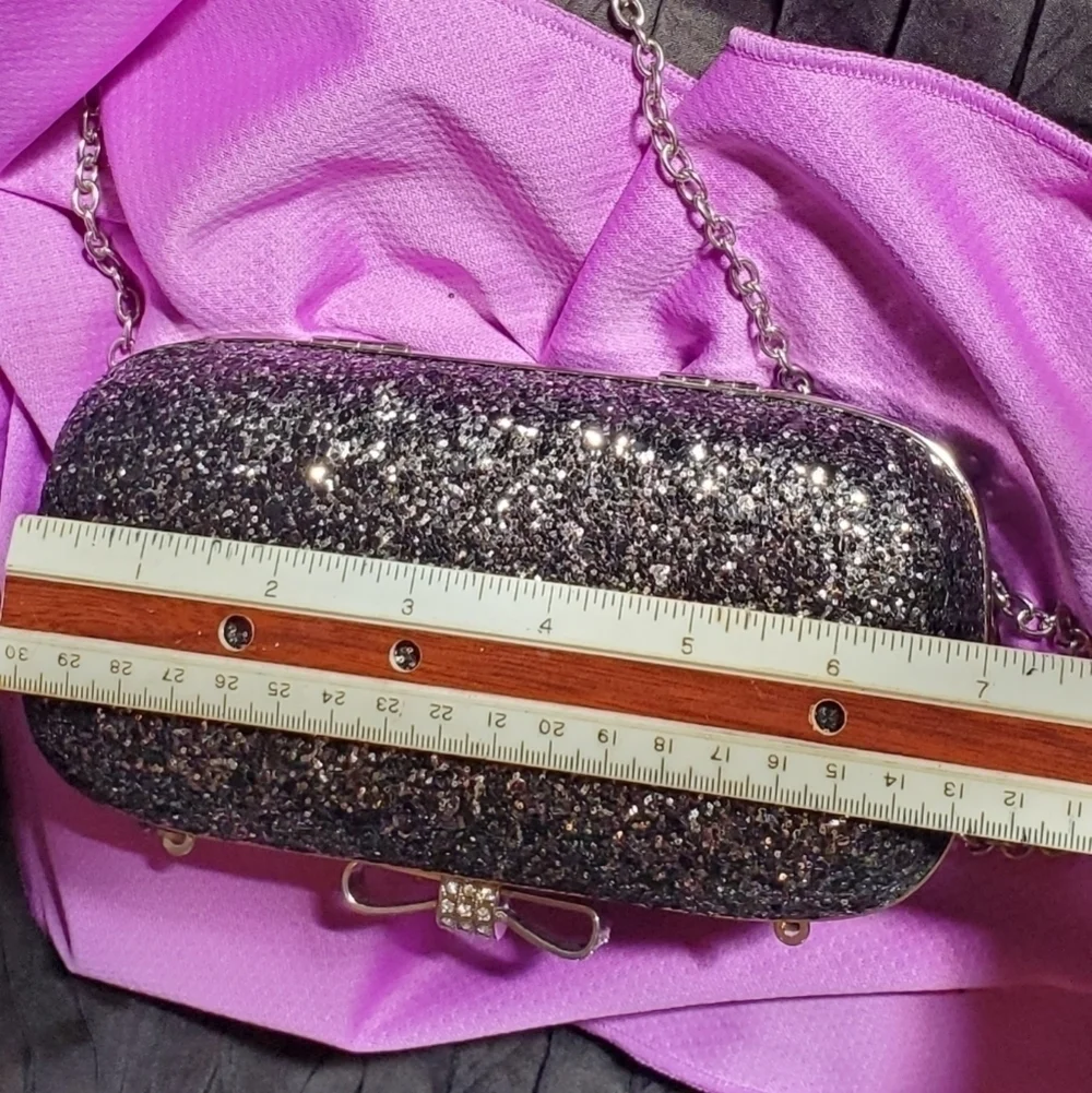 Vintage Black Silver Sequin Evening Bag with Chain